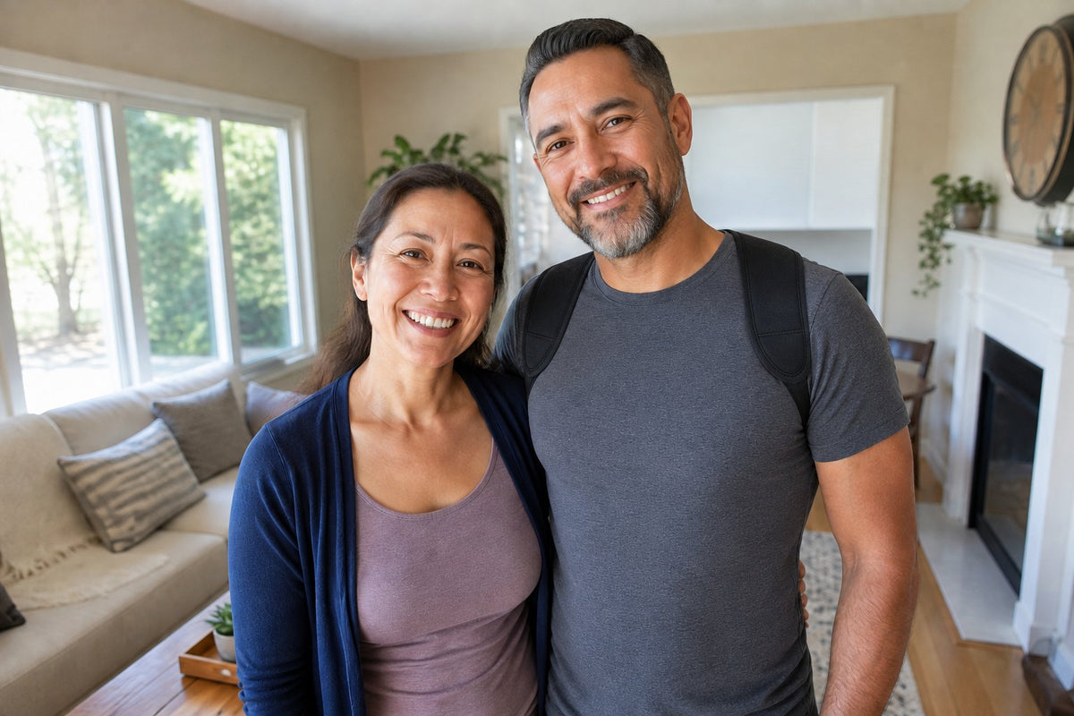 Couple at home, man wearing the AlignaFit posture corrector