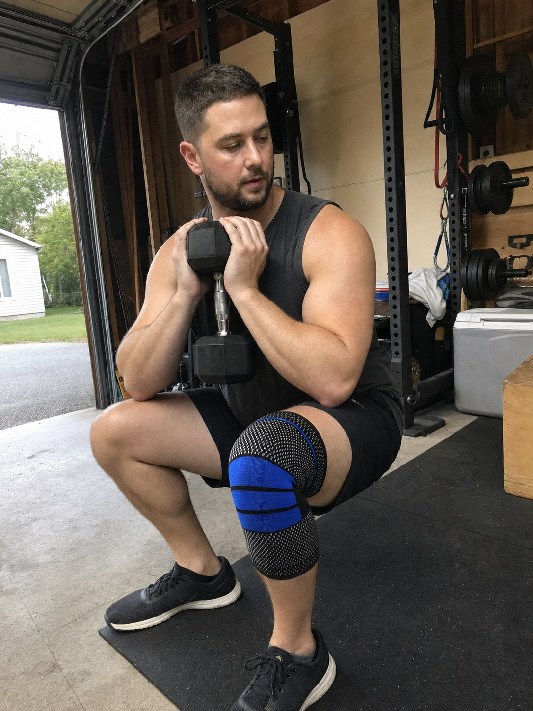 Training in the black AlignaFit knee compression sleeve