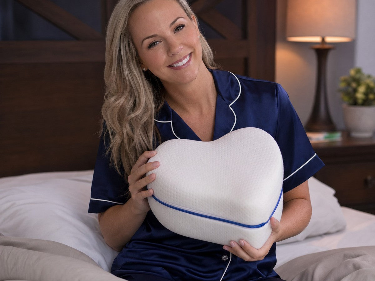 AlignaFit knee pillow, hourglass contour shown in the bedroom