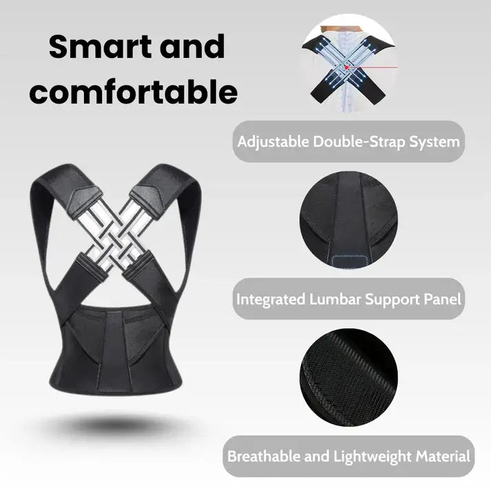 AlignaFit posture corrector with adjustable double-strap, lumbar support, breathable lightweight material