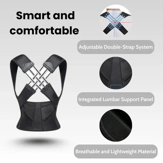 AlignaFit posture corrector with adjustable double-strap, lumbar support, breathable lightweight material