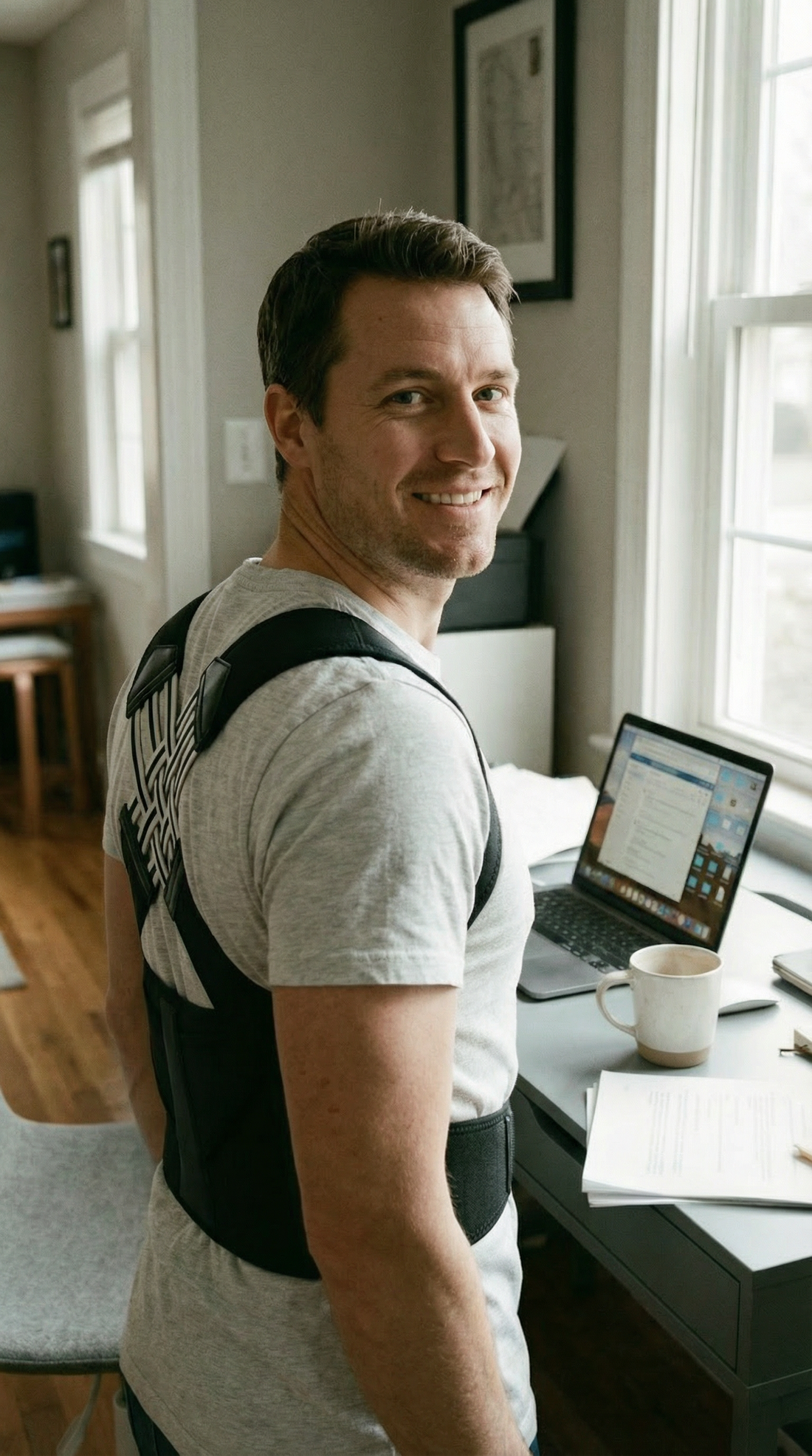 AlignaFit posture corrector worn under business shirt, demonstrating discreet fit at the desk