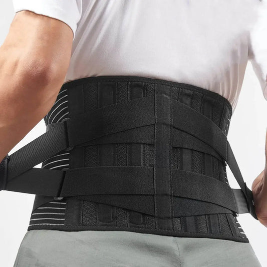 Person wearing a AlignaBack™ Lower Back Support Brace on a plain background