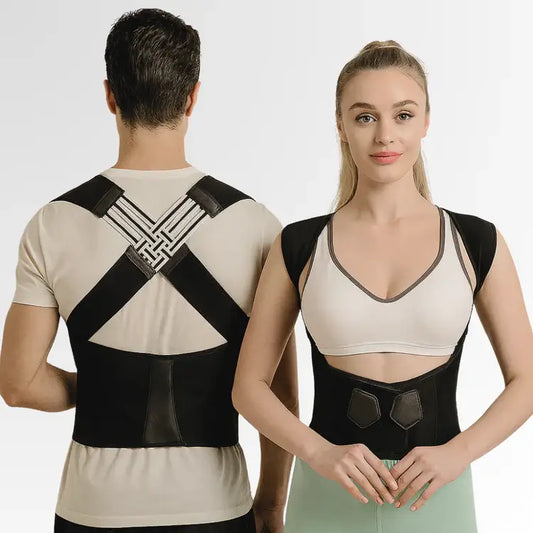 Man and woman wearing AlignaFit posture corrector for shoulder and upper back support