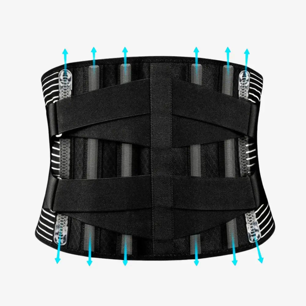 A Diagram of the AlignaFit™ Lower Back Support Brace with multiple straps and blue arrows indicating features on a white background