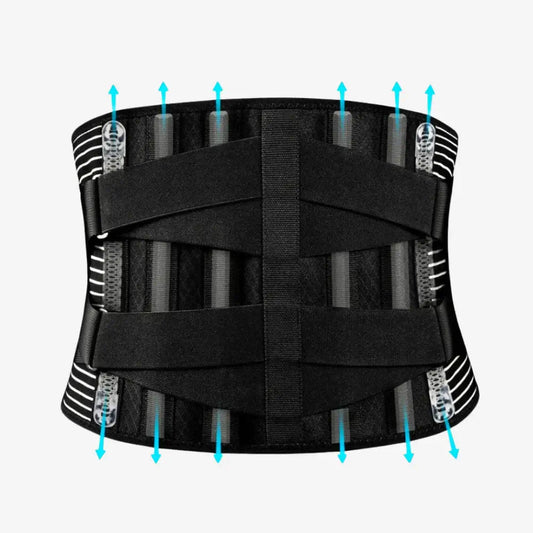 A Diagram of the AlignaFit™ Lower Back Support Brace with multiple straps and blue arrows indicating features on a white background