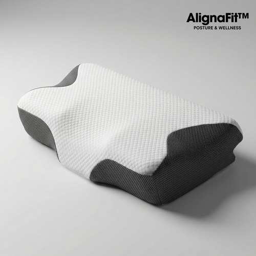 AlignaFit Orthopedic Neck Pillow on bed showing dual-zone shape for side and back sleepers