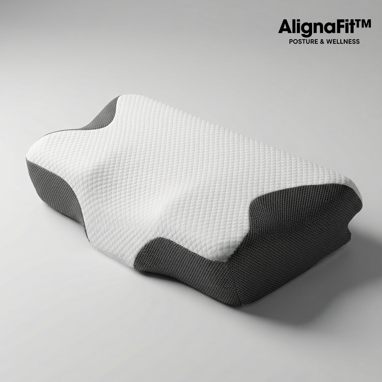 AlignaFit Orthopedic Neck Pillow on bed showing dual-zone shape for side and back sleepers