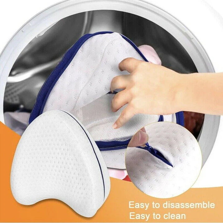 Hand reaching into a washing machine with the knee orthopedic pillow product, labeled 'Easy to disassemble, Easy to clean'.