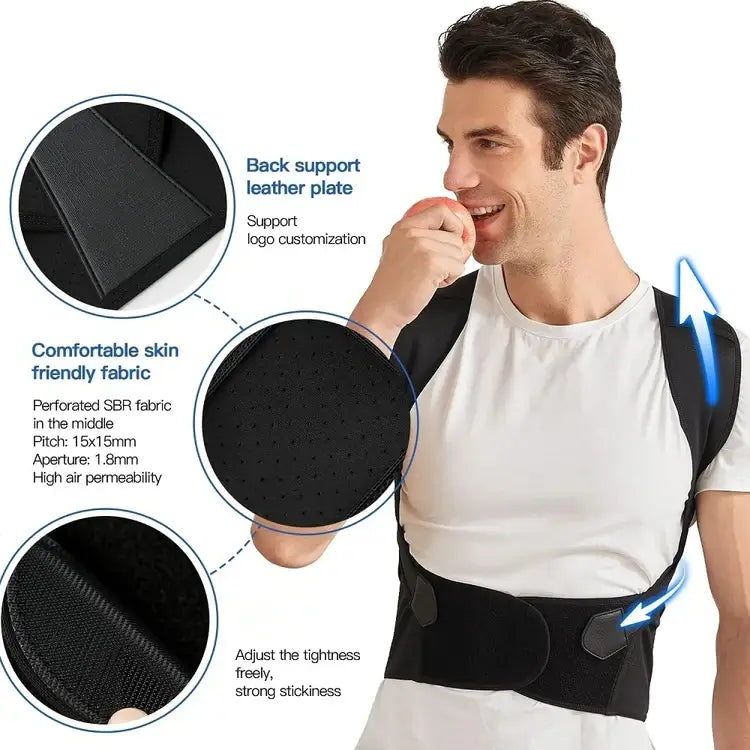 Man wearing AlignaStrap posture corrector with back support leather plate and breathable fabric design