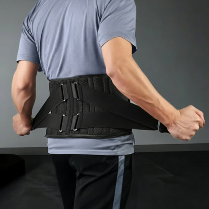 Person wearing an AlignaBack™ Lower Back Support Brace against a gray background