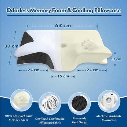 Odorless Memory Foam & Cooling AlignaFit Pillowcase with dimensions and features on a blue background
