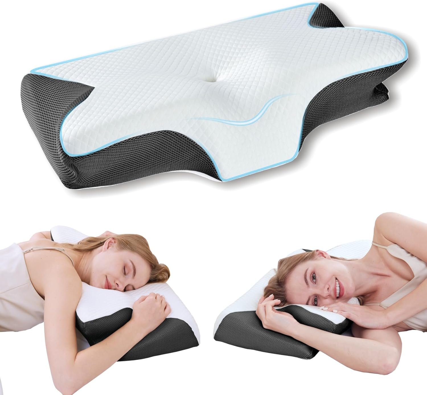 Ergonomic Neck Pillow with a person using it for neck support while awake and asleep on a white background