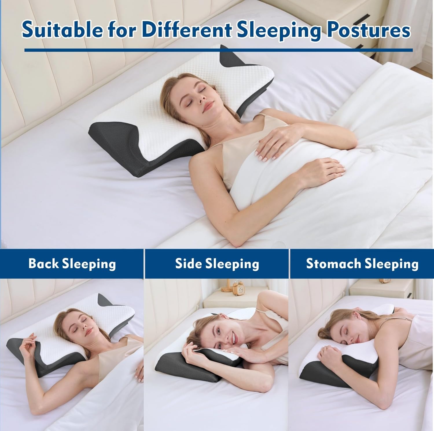 Woman using the AlignaFit Orthopedic Neck Pillow for back, side, and stomach sleeping positions on a bed.