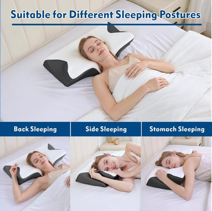Woman using the AlignaFit Orthopedic Neck Pillow for back, side, and stomach sleeping positions on a bed.