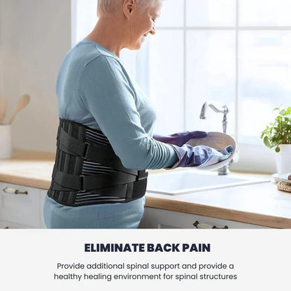 Person wearing the AlignaBack™ Lower Back Support Brace in a kitchen setting with text about eliminating back pain.