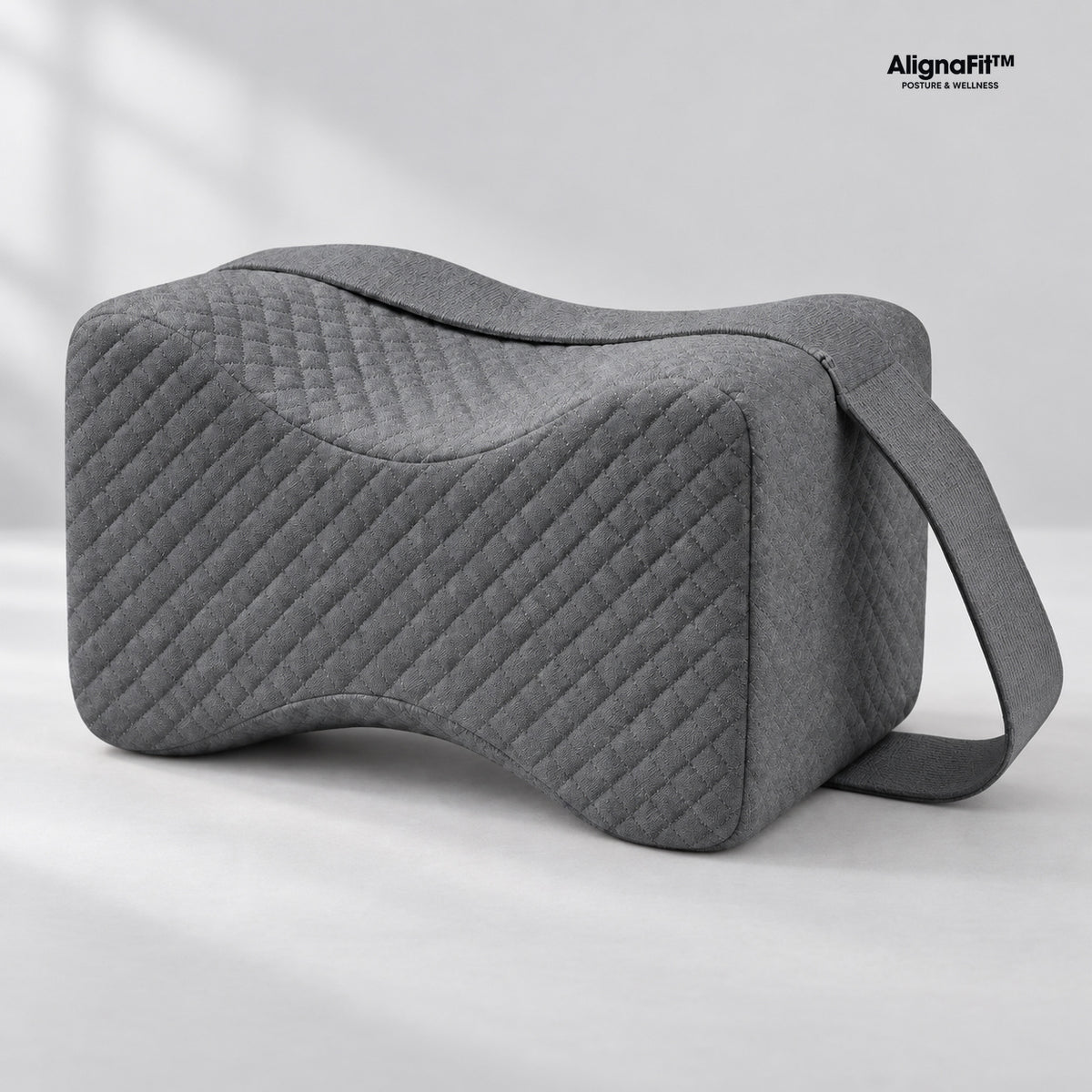 AlignaFit grey knee pillow with strap, branded product view