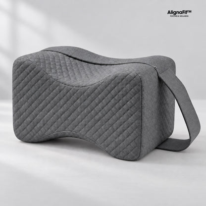 AlignaFit grey knee pillow with strap, branded product view