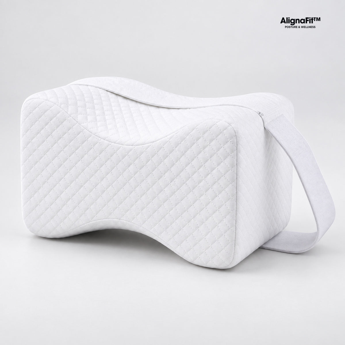 AlignaFit white knee pillow with strap, branded product view