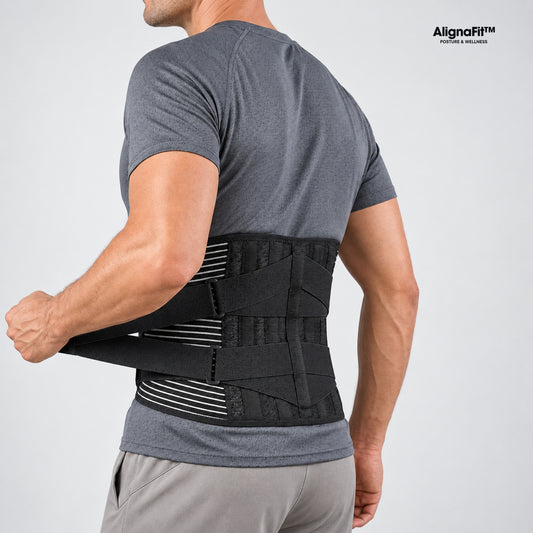 AlignaFit lower back brace worn and adjusted, branded view