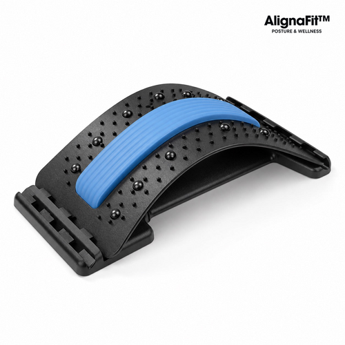 AlignaFit back stretcher showing blue pad and adjustable arched base