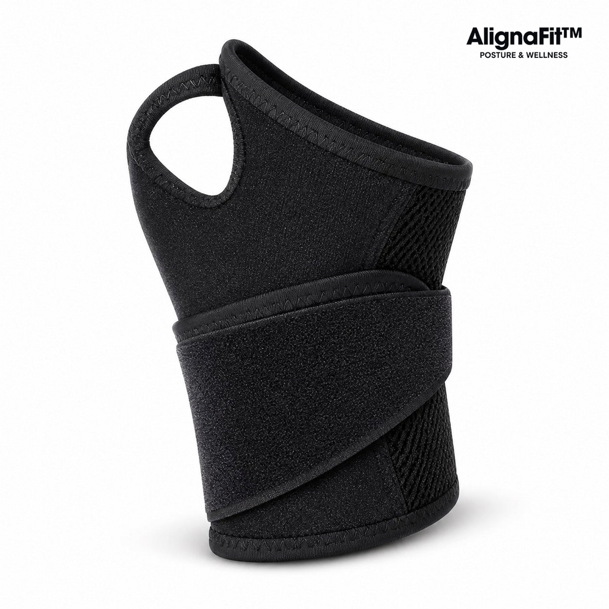 AlignaFit adjustable wrist brace showing thumb opening and fastening strap