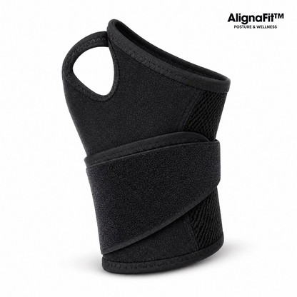 AlignaFit adjustable wrist brace showing thumb opening and fastening strap