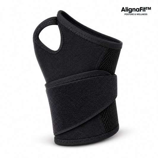 AlignaFit adjustable wrist brace showing thumb opening and fastening strap