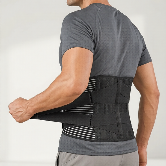 Customer wearing a black AlignaFit back brace against a light gray background