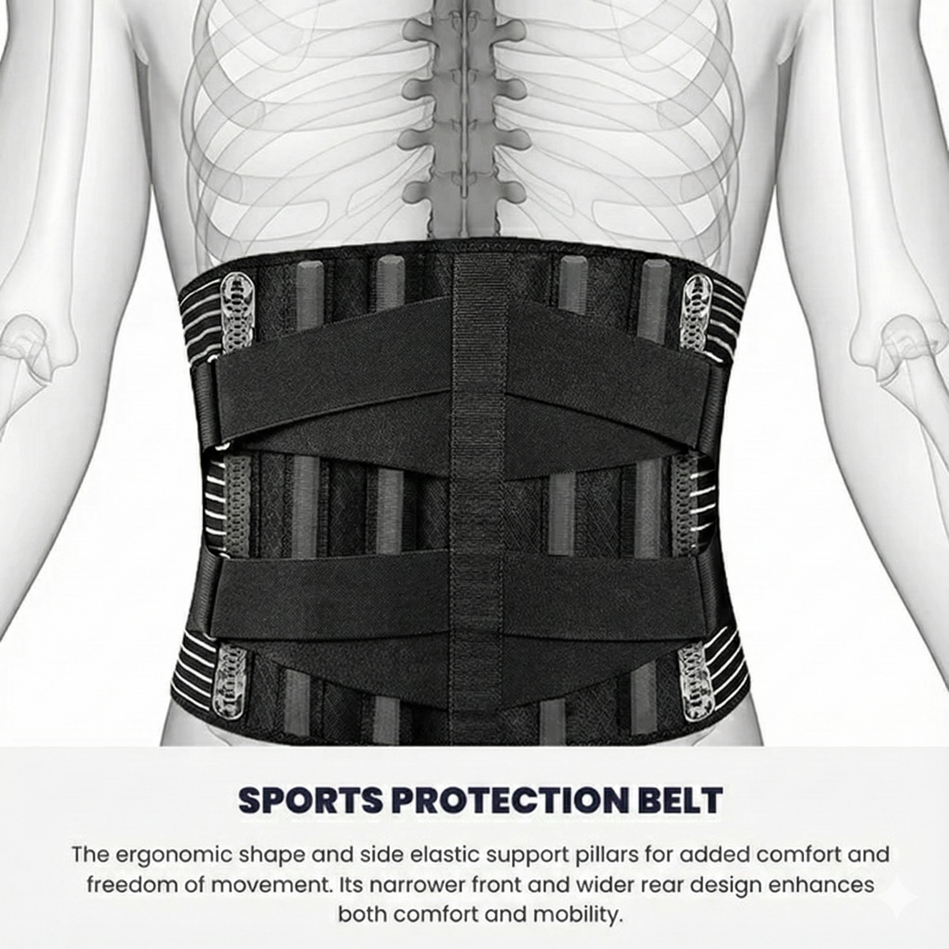 The AlignaBack™ Lower Back Support Brace with anatomical diagram of a person wearing it