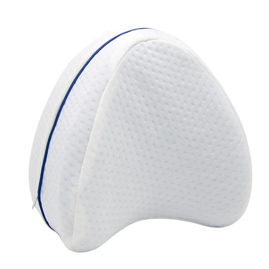 White foam knee pillow with blue stitching on a white background