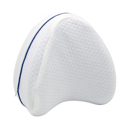 White foam knee pillow with blue stitching on a white background