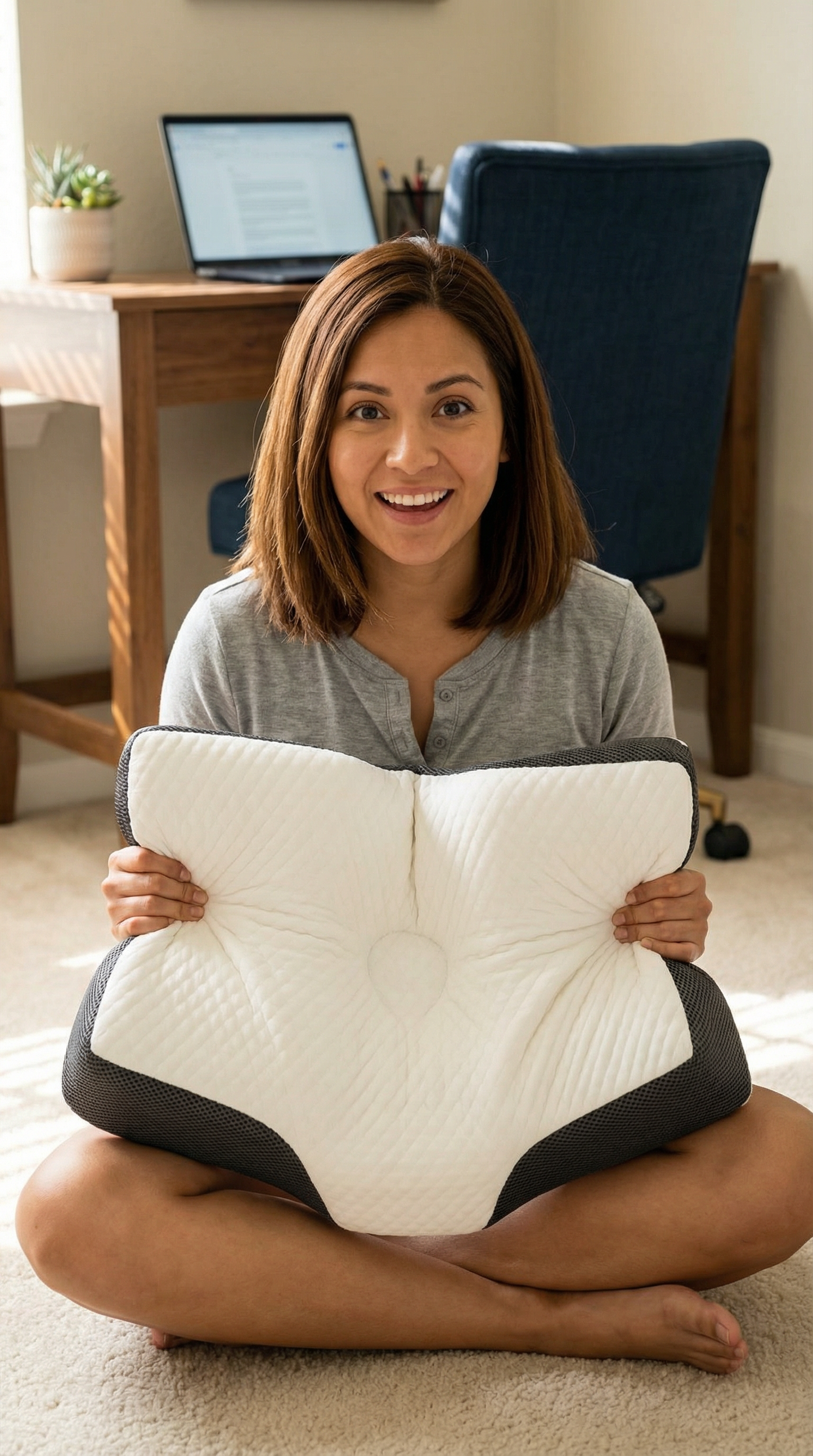 Woman holding the AlignaFit Orthopedic Neck Pillow in a home setting with a laptop and chair in the background.
