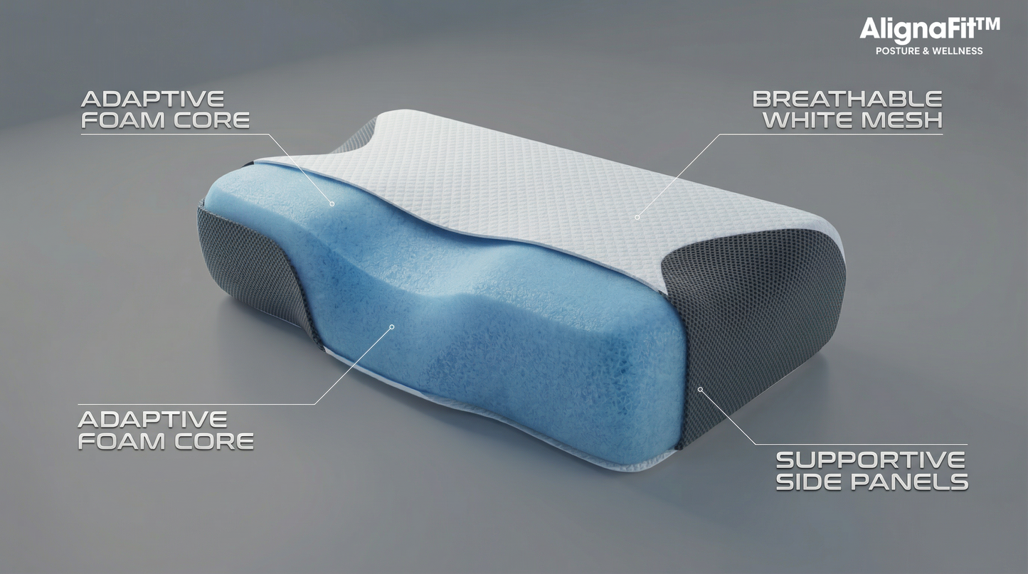 Ergonomic pillow with labeled features on a gray background