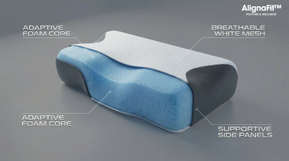 Ergonomic pillow with labeled features on a gray background