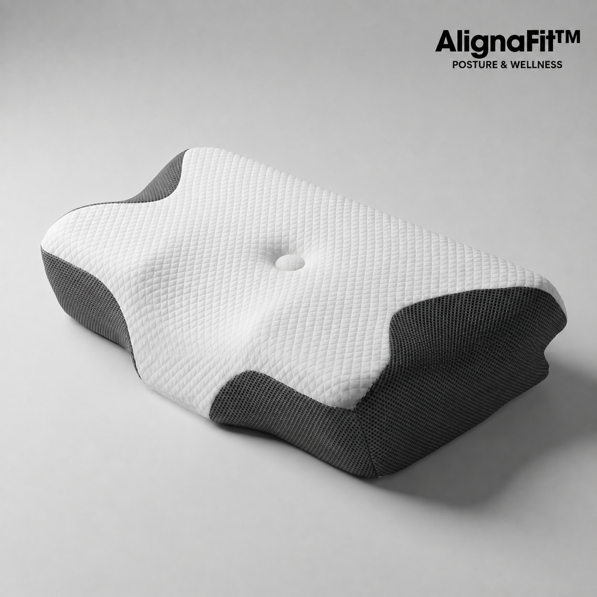 White and black neck pillow on a gray background with 'AlignaFit' branding.