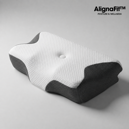 White and black neck pillow on a gray background with 'AlignaFit' branding.