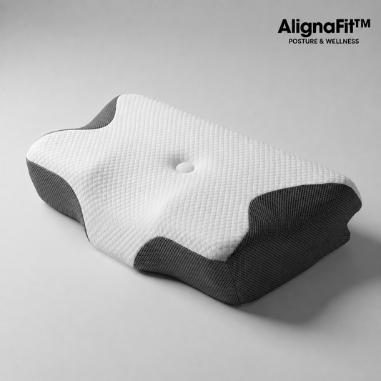 White and black neck pillow on a gray background with 'AlignaFit' branding.