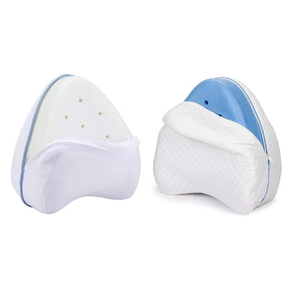 Pair of white/blue knee orthopedic pillows with blue accents on a white background