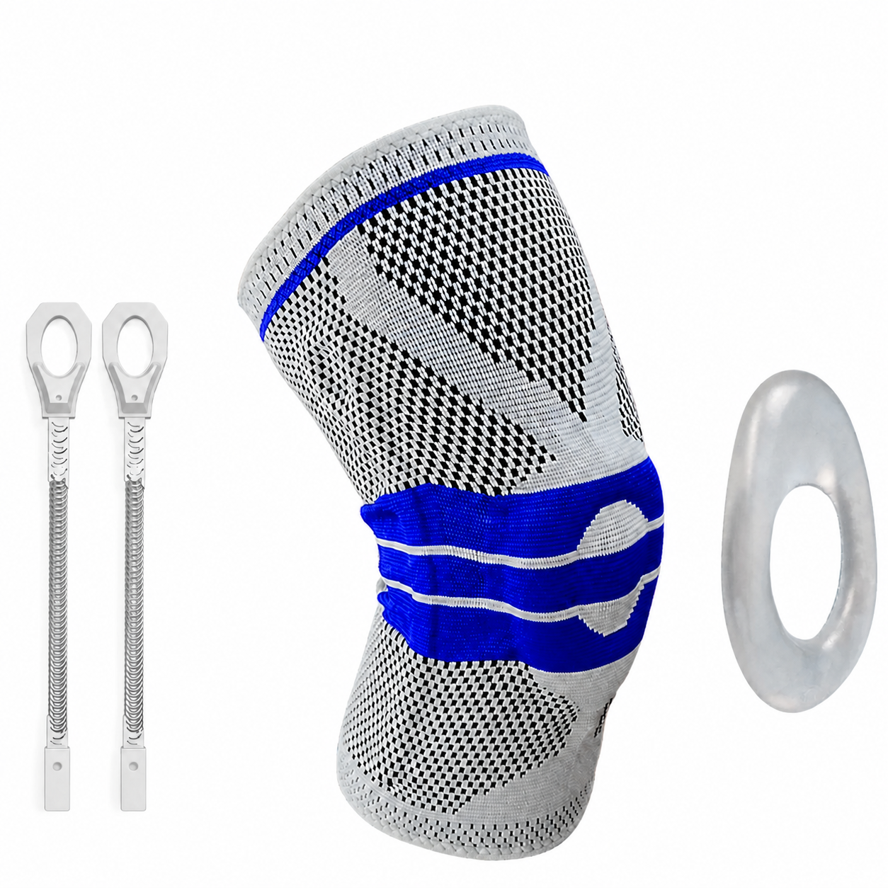 AlignaFit knee sleeve with its two spiral spring stabilisers and silicone patella gel pad
