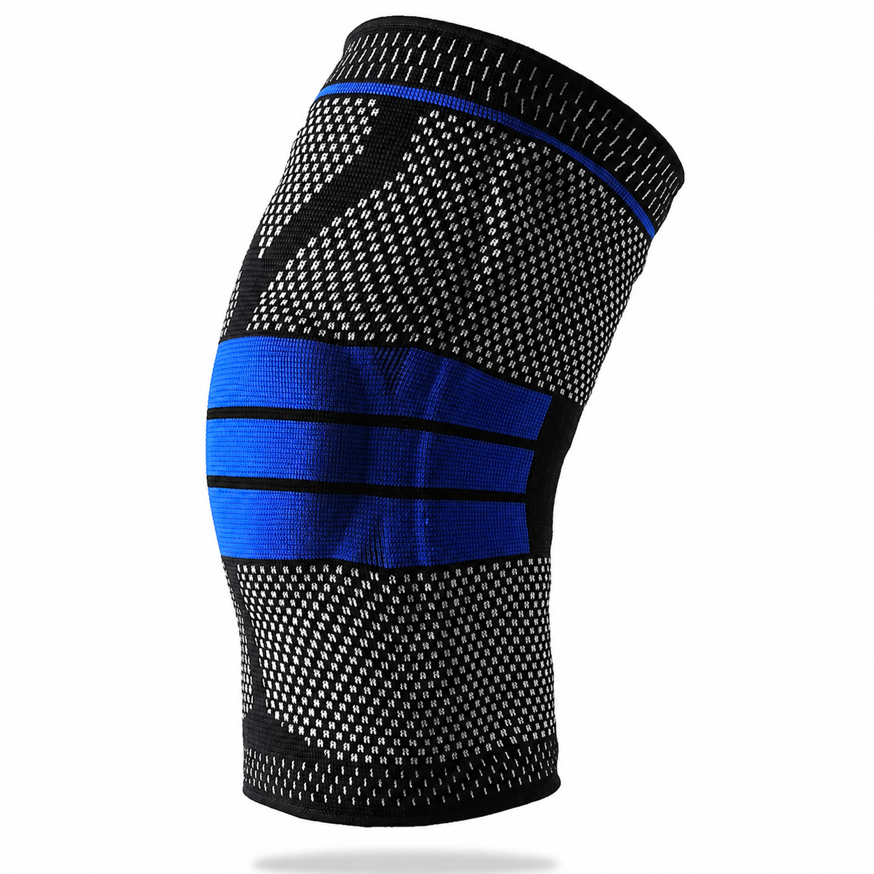 AlignaFit knee compression sleeve in black, side view showing the blue patella band