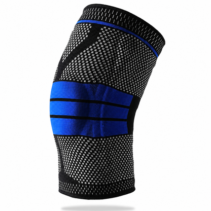 AlignaFit knee compression sleeve in black, side view showing the blue patella band