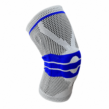 AlignaFit knee compression sleeve in grey, side view showing the blue patella band
