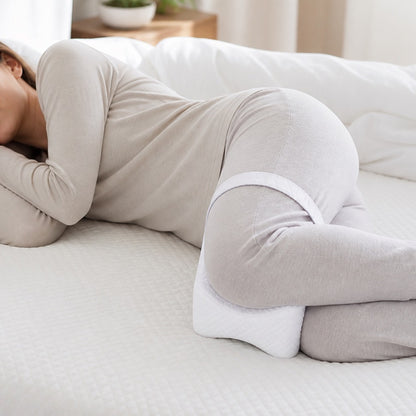 Woman sleeping on her side with the white AlignaFit knee pillow strapped between her knees