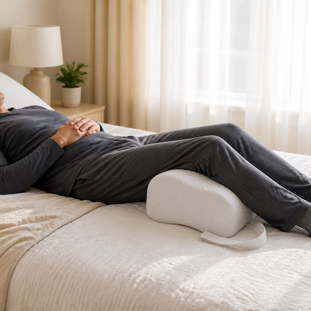 Man lying on his back with the white AlignaFit knee pillow under his knees