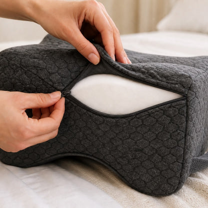 Unzipping the washable knit cover of the grey AlignaFit knee pillow to show the memory foam core