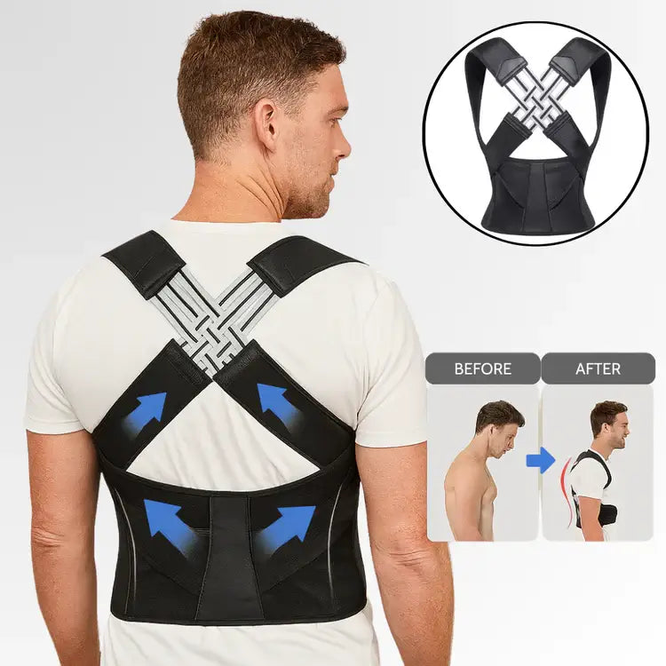 Man wearing AlignaStrap Posture Corrector showing improved posture with shoulder support and back tension relief
