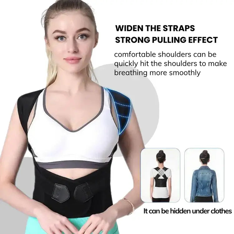 AlignaStrap Posture Corrector worn by woman showing strong strap support and discreet fit under clothes for shoulder and back pain relief