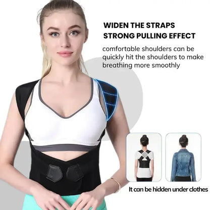 AlignaStrap Posture Corrector worn by woman showing strong strap support and discreet fit under clothes for shoulder and back pain relief