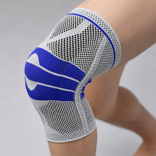 AlignaFit knee compression sleeve worn on a bent knee, showing the blue patella band and knit support